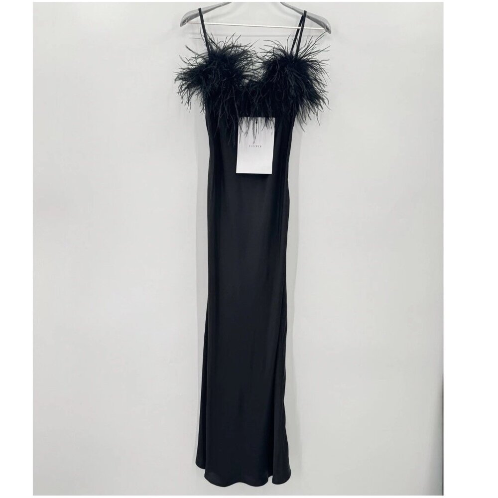 Sleeper Black Boheme Satin Midi Slip Dress with Feather Trim size S Small $390